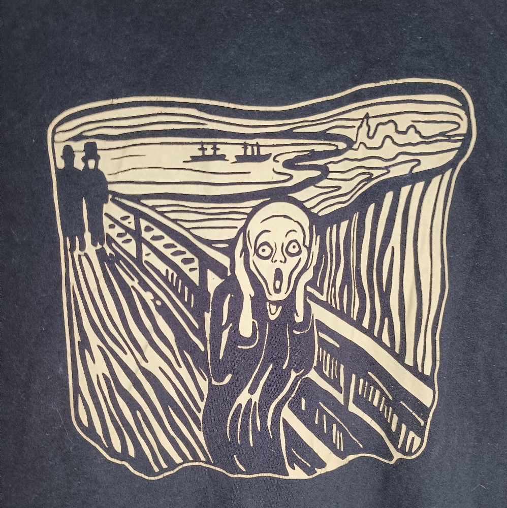 Scream painting redone. Unisex large.  Great conversation piece for the bar.